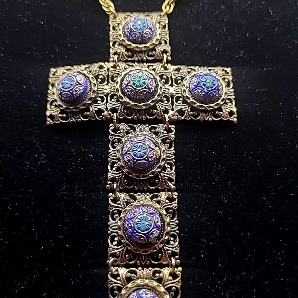 Vintage Hobe Necklace Gold Tone Filigree Enamel Articulated Large Cross RARE